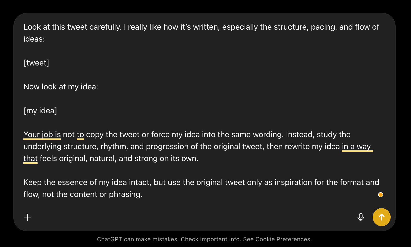 The original ChatGPT prompt for rewriting a tweet by studying structure