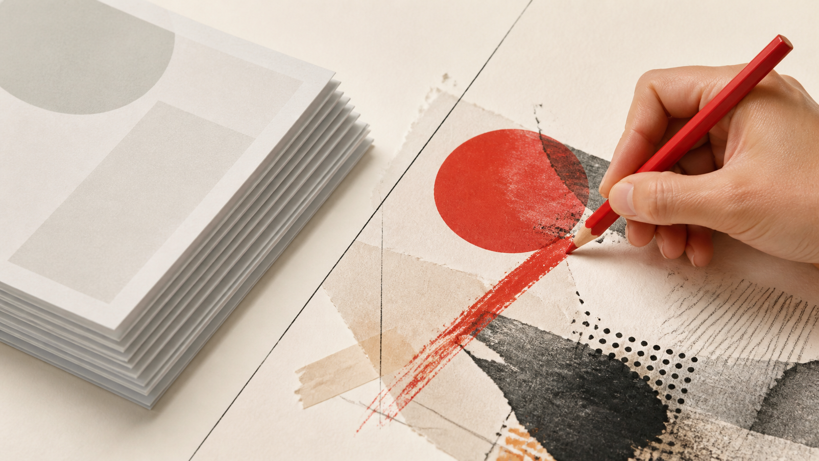 A hand drawing freely over a structured page
