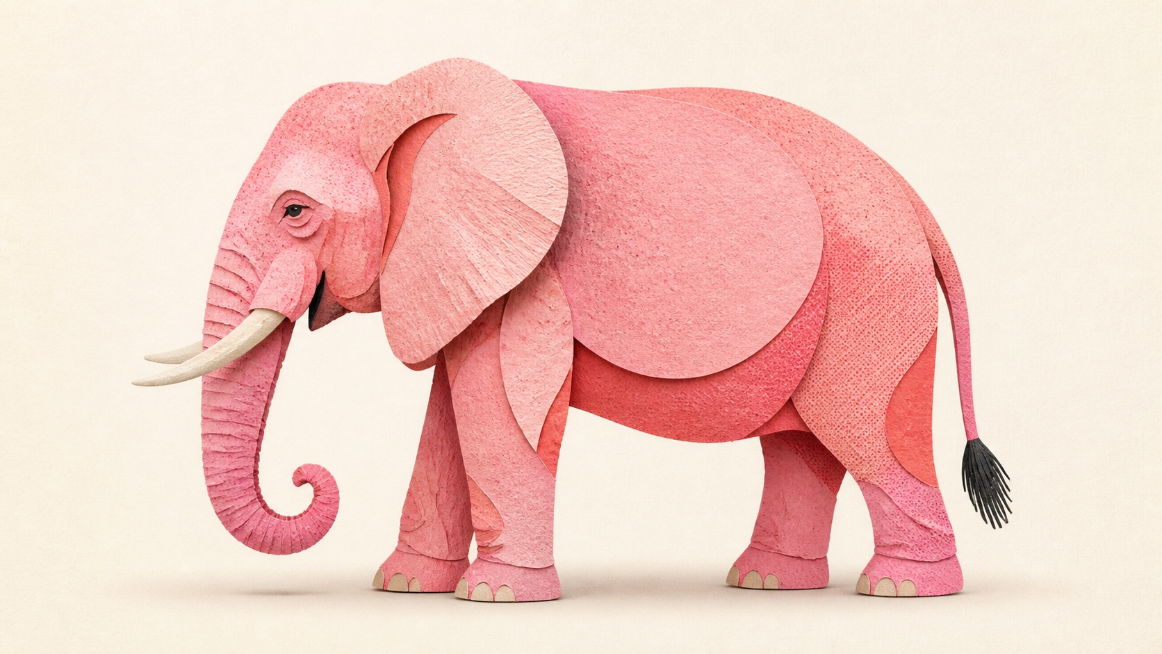 A large pink elephant made from layered paper