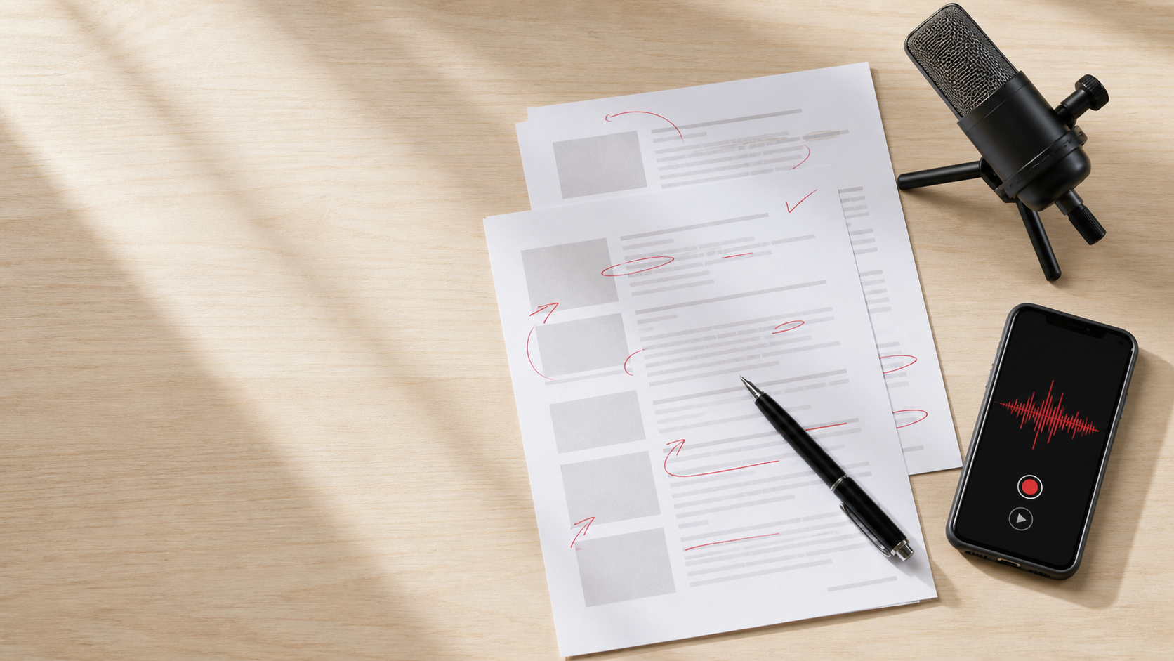 A marked-up script, microphone, pen, and recording phone on a writing desk